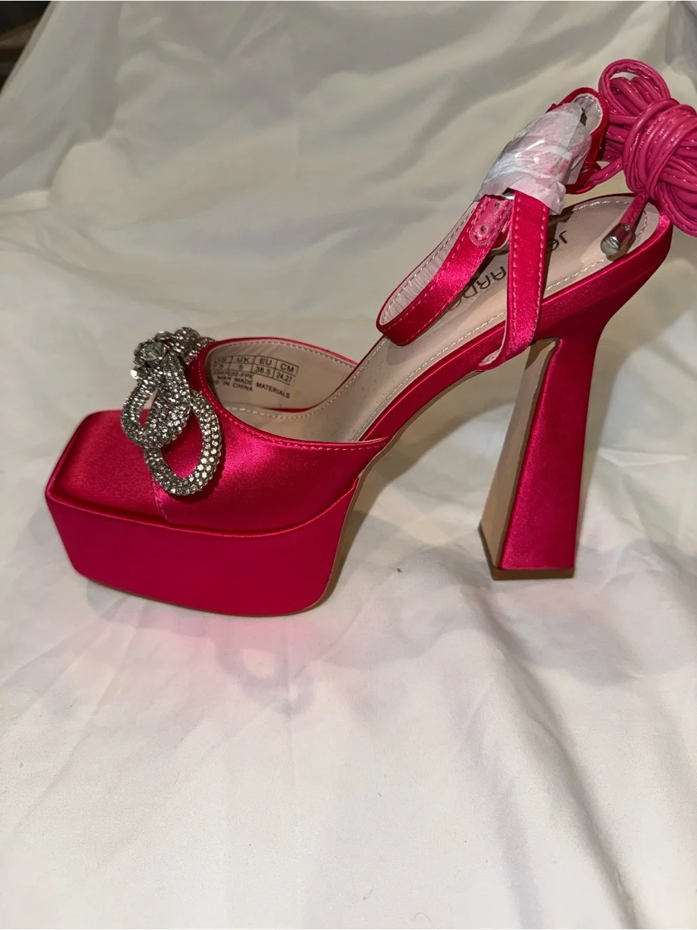SHEIN Hot Pink Satin Platform Heeled Sandals with Crystal Bow